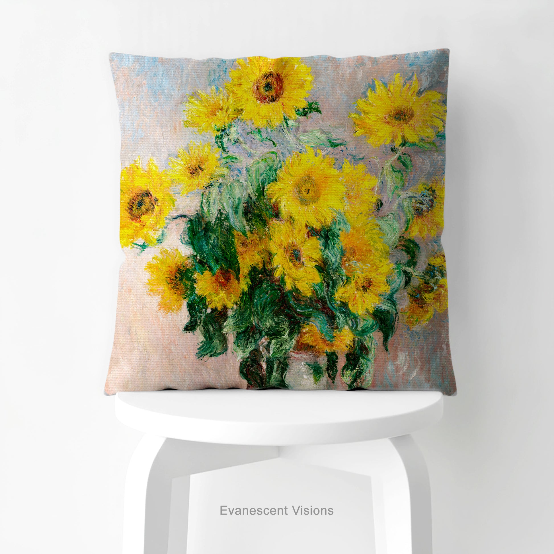 A square cushion with a print of  impressionist painting 'Bouquet of Sunflowers' by Claude Monet.