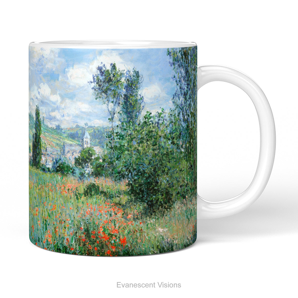 Ceramic mug with print of painting 'View of Vétheuil' by Claude Monet.