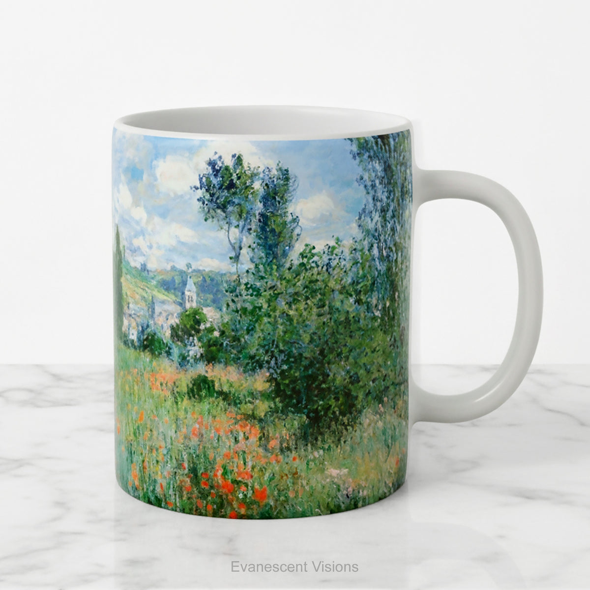 Ceramic mug with print of painting 'View of Vétheuil' by Claude Monet.