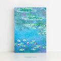 A hardback notebook printed with the   impressionist Water Lily painting in blues and greens by artist Claude Monet.