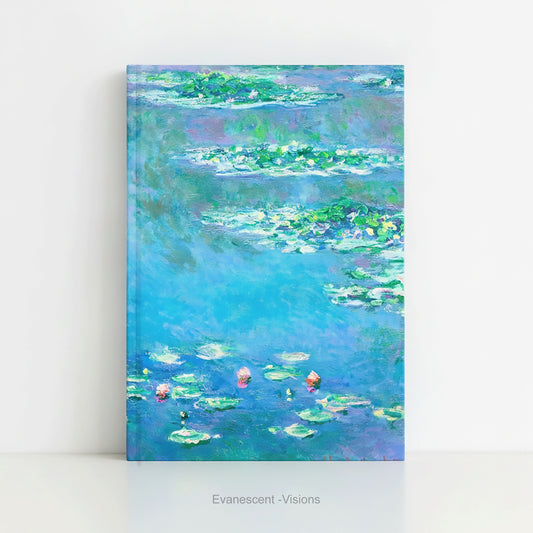 A hardback notebook printed with the   impressionist Water Lily painting in blues and greens by artist Claude Monet.