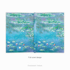 Full back and front cover view of a hardback notebook printed with the   impressionist Water Lily painting in blues and greens by artist Claude Monet.
