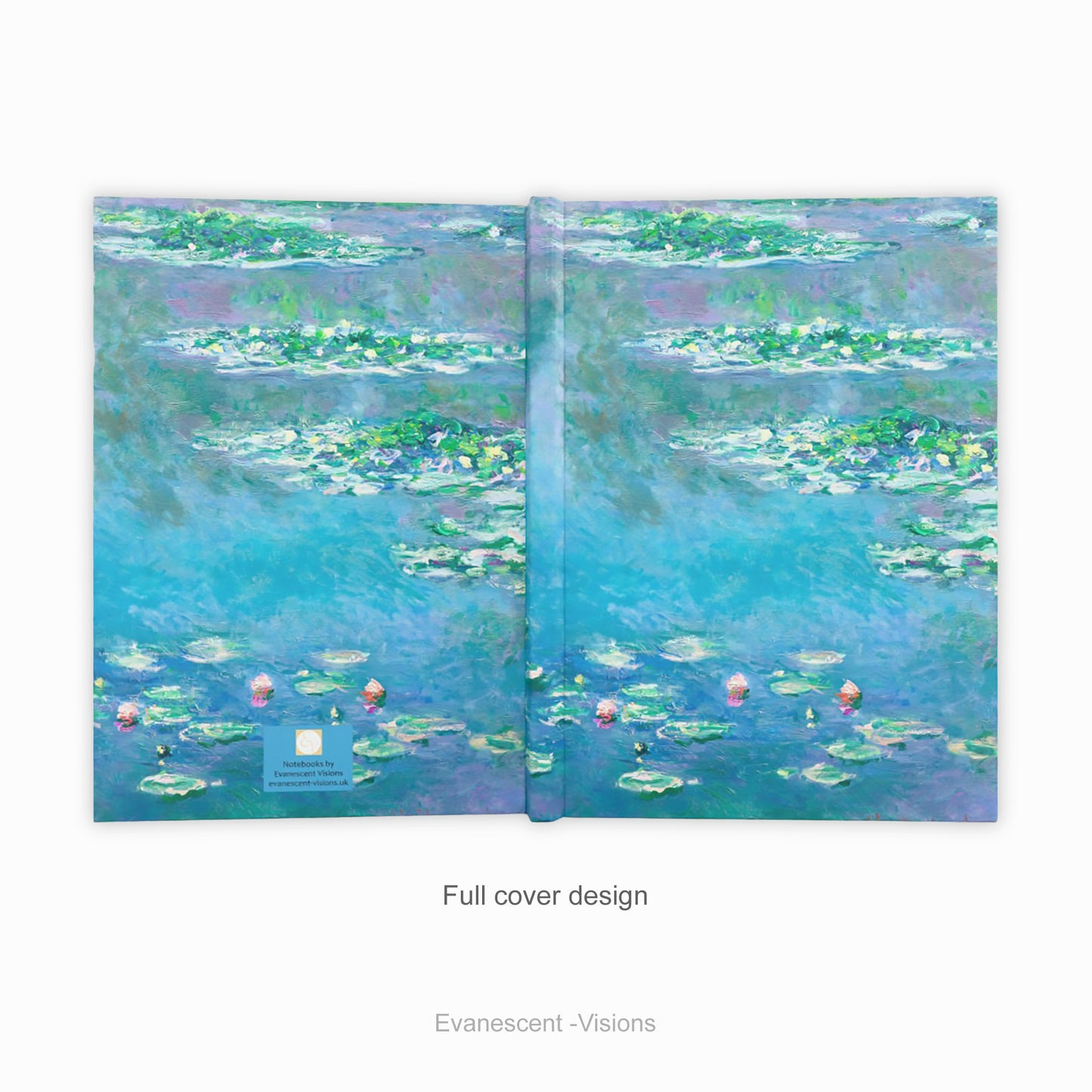 Full back and front cover view of a hardback notebook printed with the   impressionist Water Lily painting in blues and greens by artist Claude Monet.