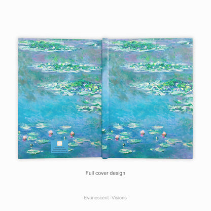Full back and front cover view of a hardback notebook printed with the   impressionist Water Lily painting in blues and greens by artist Claude Monet.