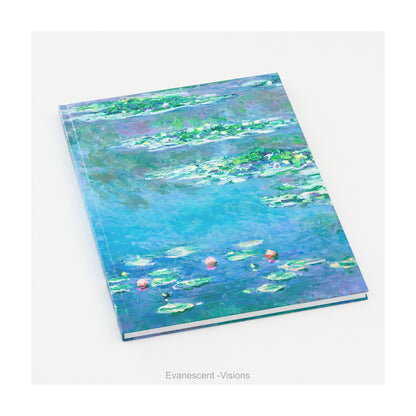 A hardback notebook printed with the   impressionist Water Lily painting in blues and greens by artist Claude Monet, on a white background. 