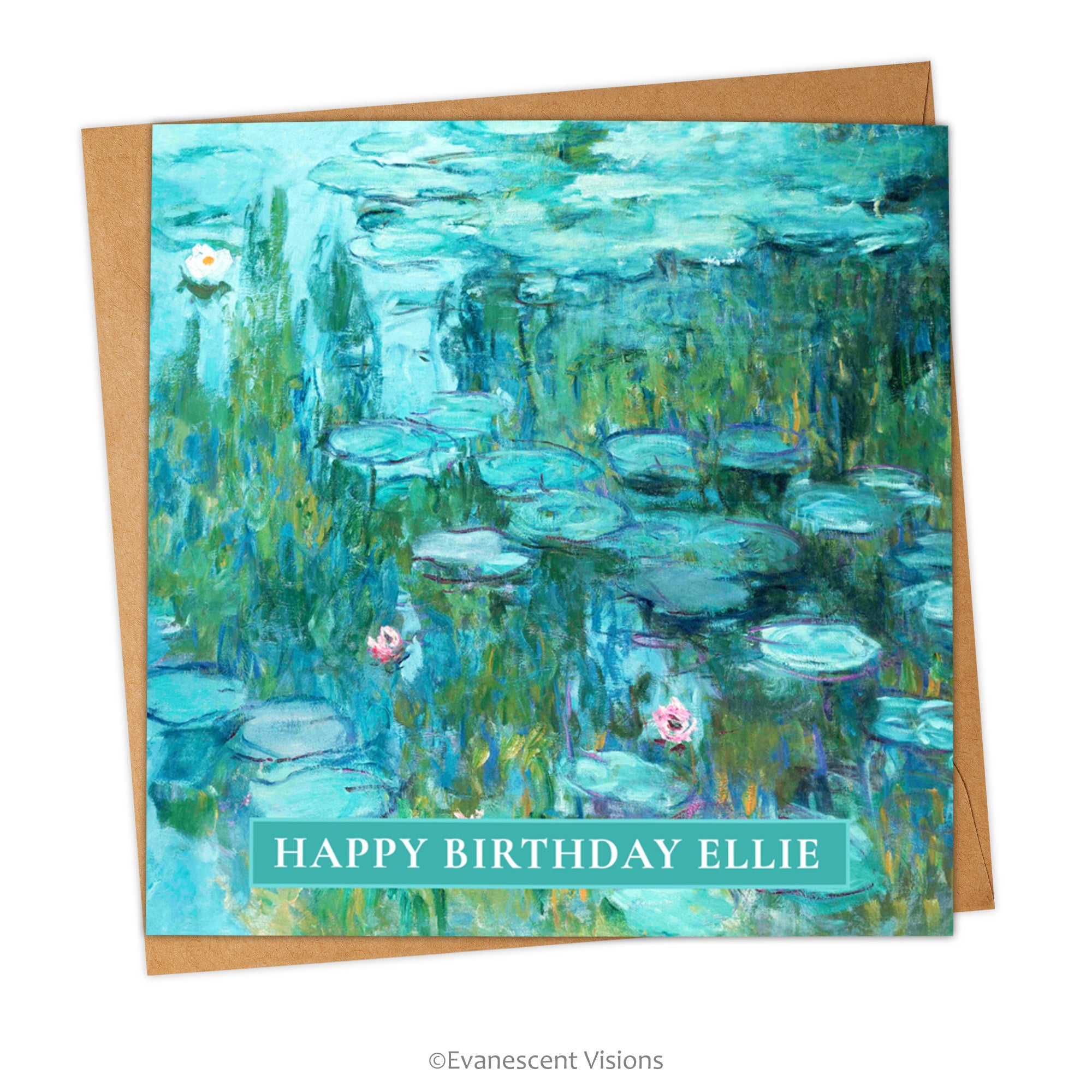 Square card and envelope with Water Lilies painting by Monet on front with personalised 'Happy Birthday' greeting.