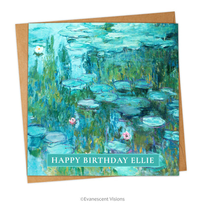 Square card and envelope with Water Lilies painting by Monet on front with personalised 'Happy Birthday' greeting.
