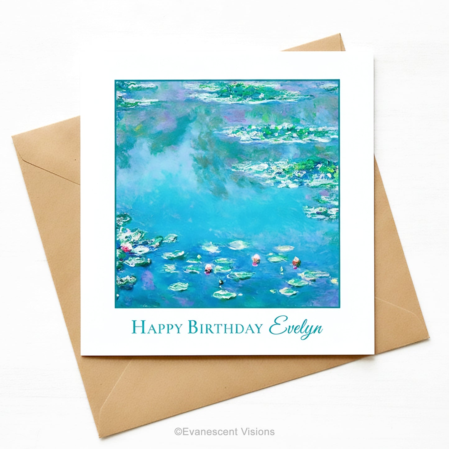 A square birthday card featuring Monet's impressionist watercolor painting of a pond with lily pads in blue, green, and purple tones, with the text 'Happy Birthday Evelyn' printed below. The card is shown with a brown kraft envelope on a white background.