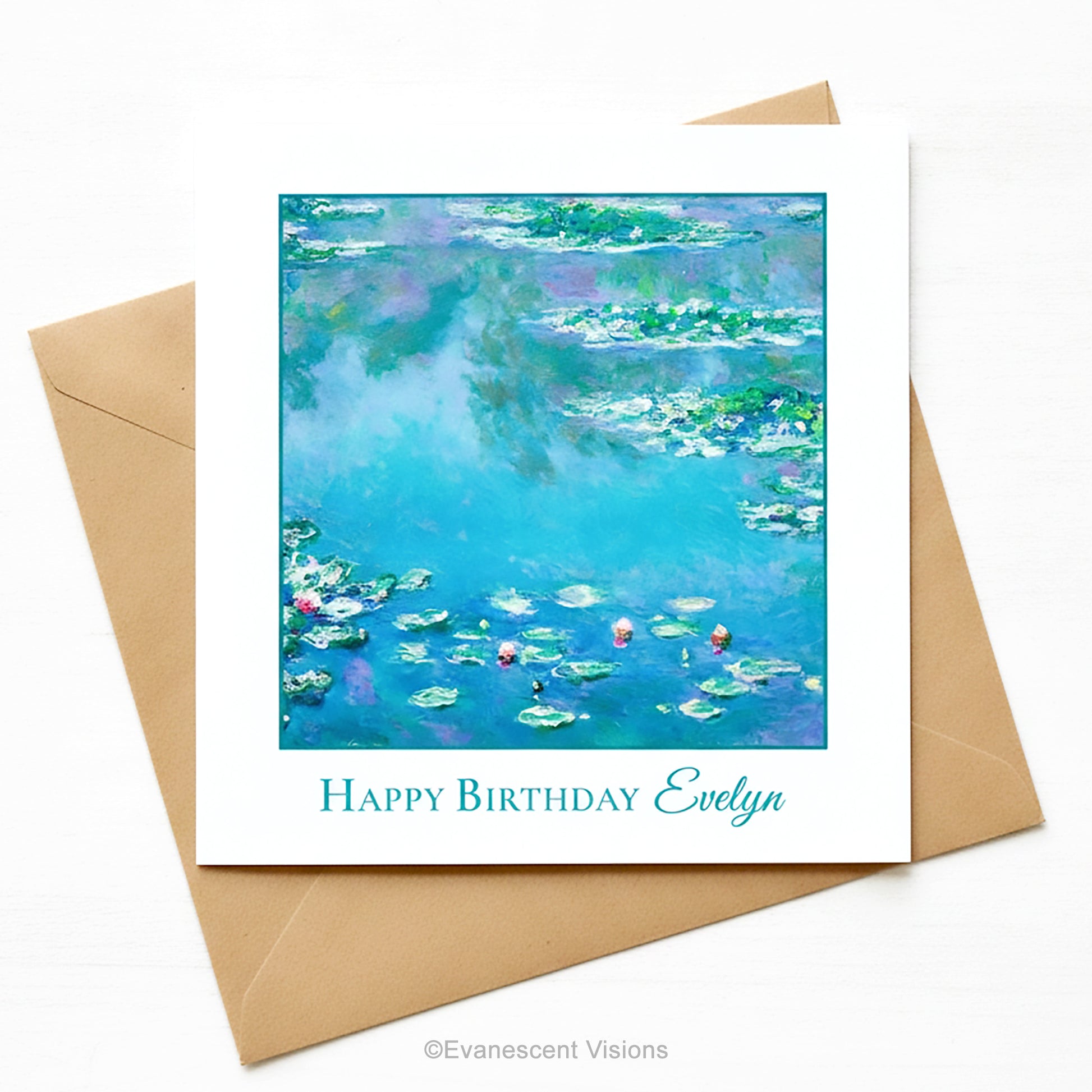 A square birthday card featuring Monet's impressionist watercolor painting of a pond with lily pads in blue, green, and purple tones, with the text 'Happy Birthday Evelyn' printed below. The card is shown with a brown kraft envelope on a white background.
