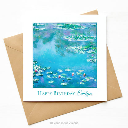 A square birthday card featuring Monet's impressionist watercolor painting of a pond with lily pads in blue, green, and purple tones, with the text 'Happy Birthday Evelyn' printed below. The card is shown with a brown kraft envelope on a white background.