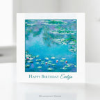 A square greeting card with a white border featuring Claude Monet's impressionist Water Lilies painting  in blue, green, and purple tones, with the text 'Happy Birthday Evelyn' printed below.