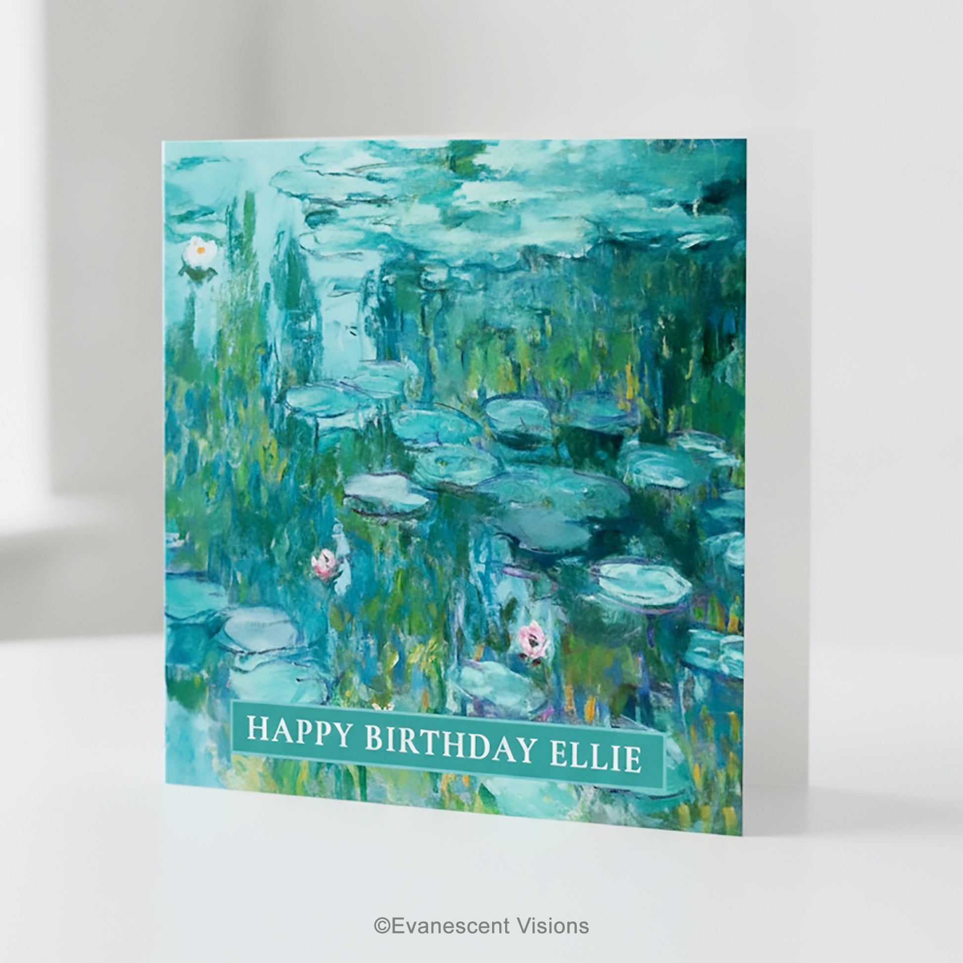 A square greeting card featuring an impressionistic Water Lilies pond painting by Claude Monet in teal, green, and blue tones with pink water lilies. 