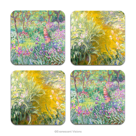 Set of 4 coasters with images from the paintings 'Artist's Garden in Giverny' and 'Path through the Irises' by Monet.