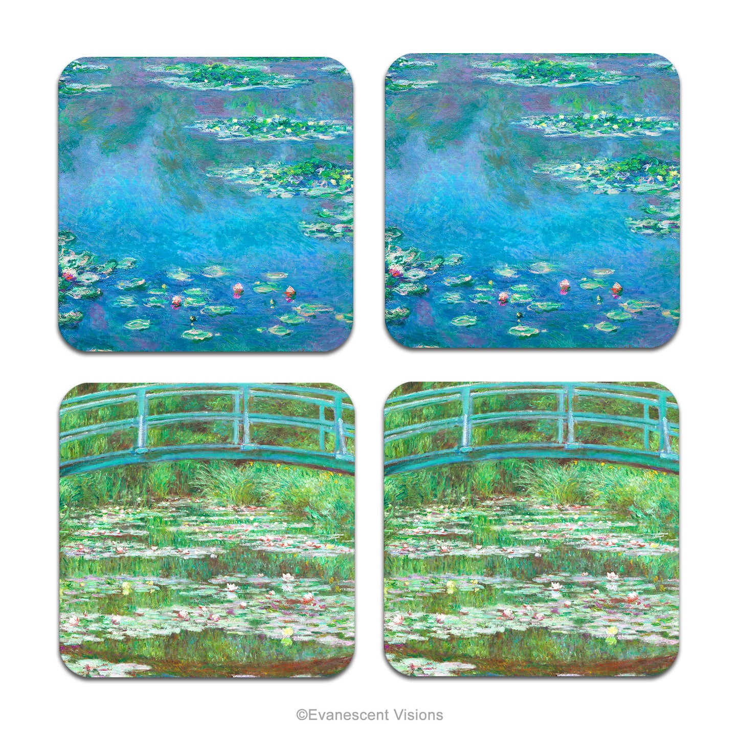 Set of four coasters with images from Monet's paintings 'The Water Lilies' and 'The Japanese Footbridge.'