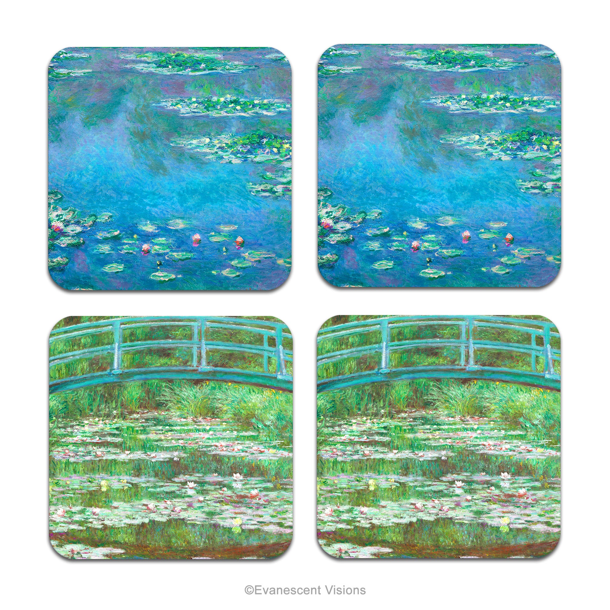 Set of four coasters with images from Monet's paintings 'The Water Lilies' and 'The Japanese Footbridge.'