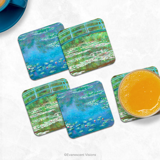 Monet coasters on counter top with drink.