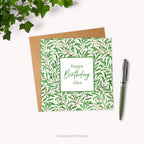 Happy Birthday Personalised Card with 'Willow Bough' pattern designed by William Morris style with a pen and plant.