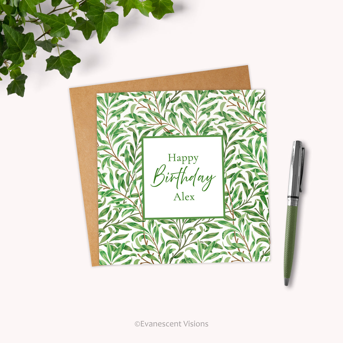 Happy Birthday Personalised Card with 'Willow Bough' pattern designed by William Morris style with a pen and plant.