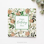 A square floral birthday personalised card with design 'Jasmin' by William Morris styled with flowers