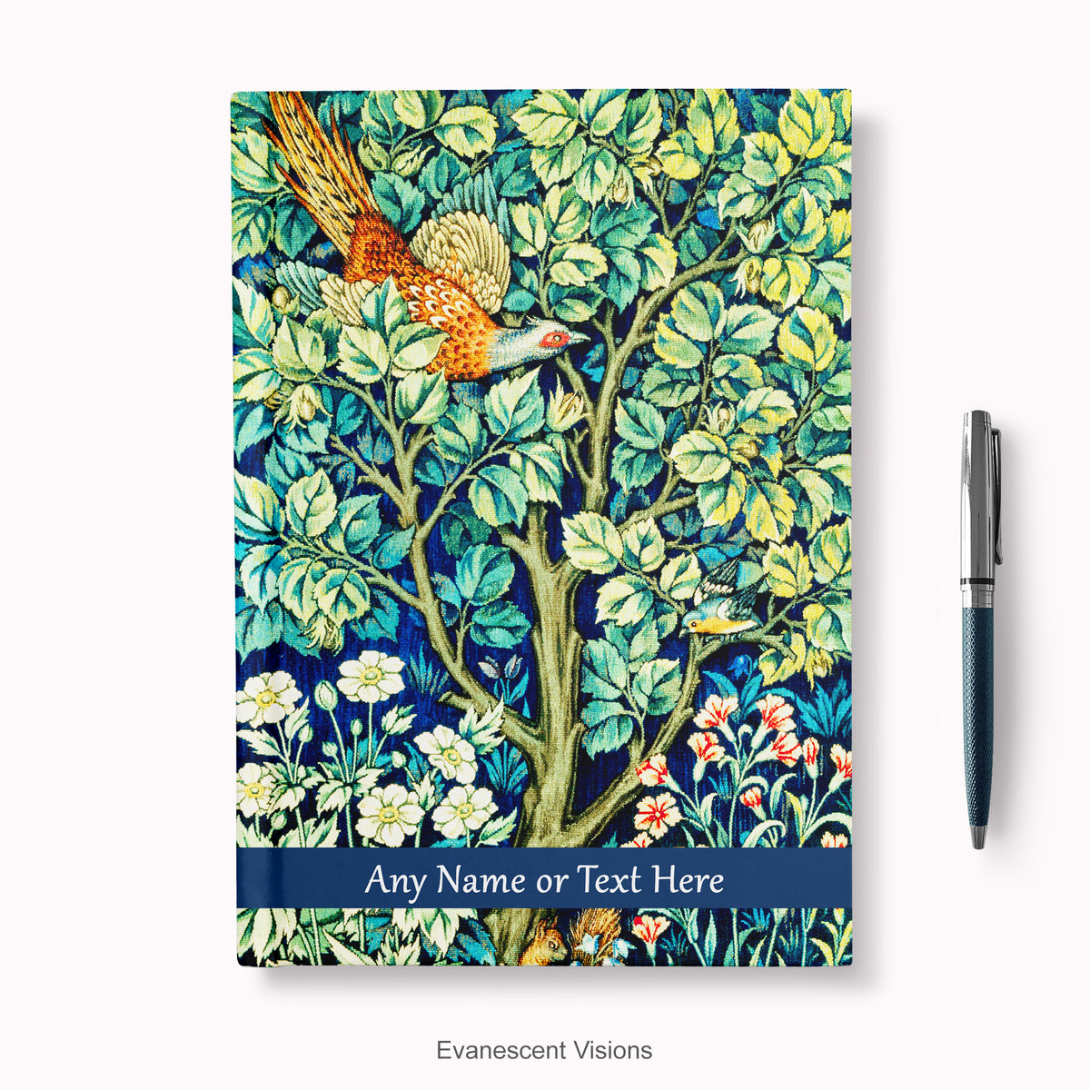 Personalised Notebook, Hardback with  William Morris textile design Cock Pheasant and a personalised band at the bottom front of the notebook. 