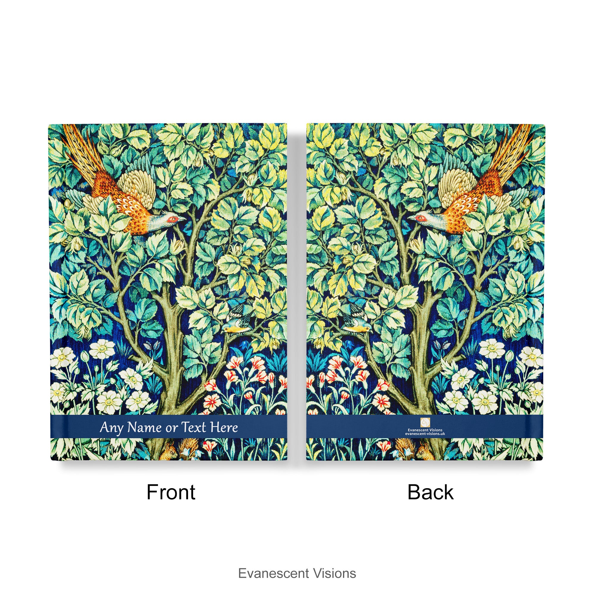 Front and back views of the Personalised  William Morris Cock Pheasant design notebook, shown on a white background.