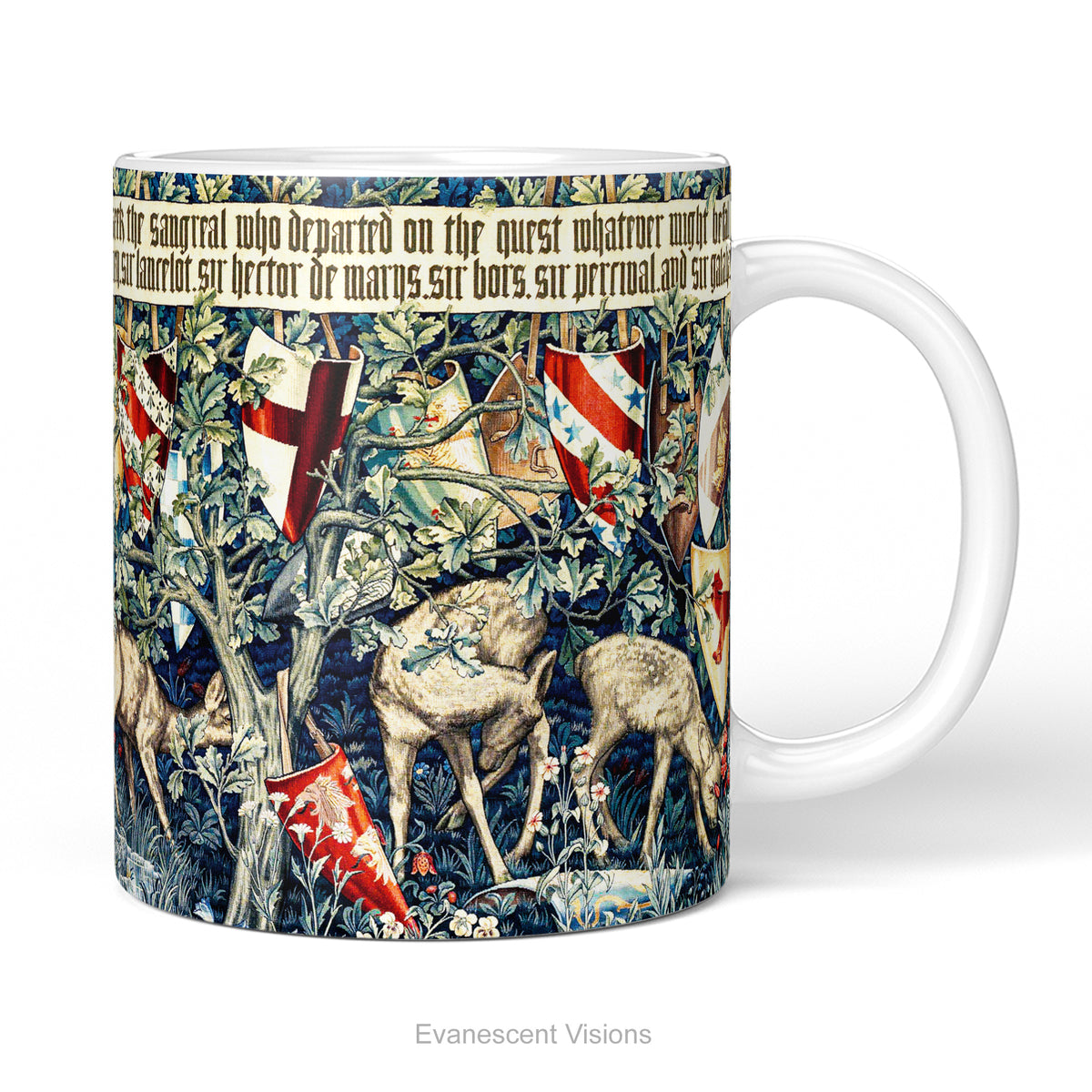 A ceramic mug with a print of tapestry design 'Verdure with Shields and Deer', shown on a white background.