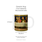 A ceramic mug featuring religious painting 'The Last Supper', with mug dimensions.