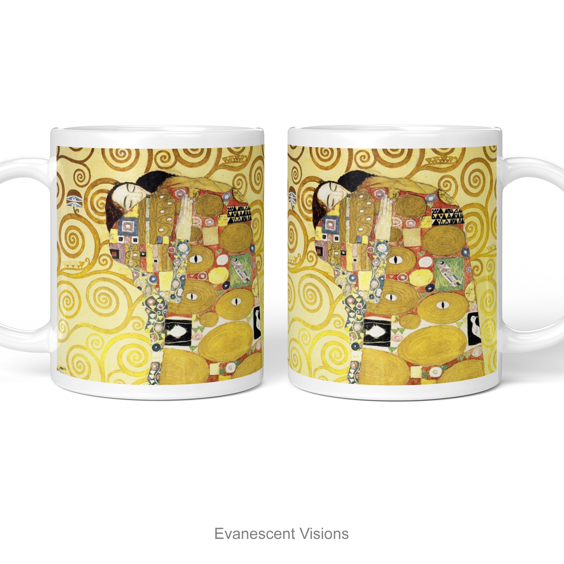 Left and right side views of  white ceramic mug featuring Gustav Klimt's 'The Embrace' artwork, shown standing against a  white background.