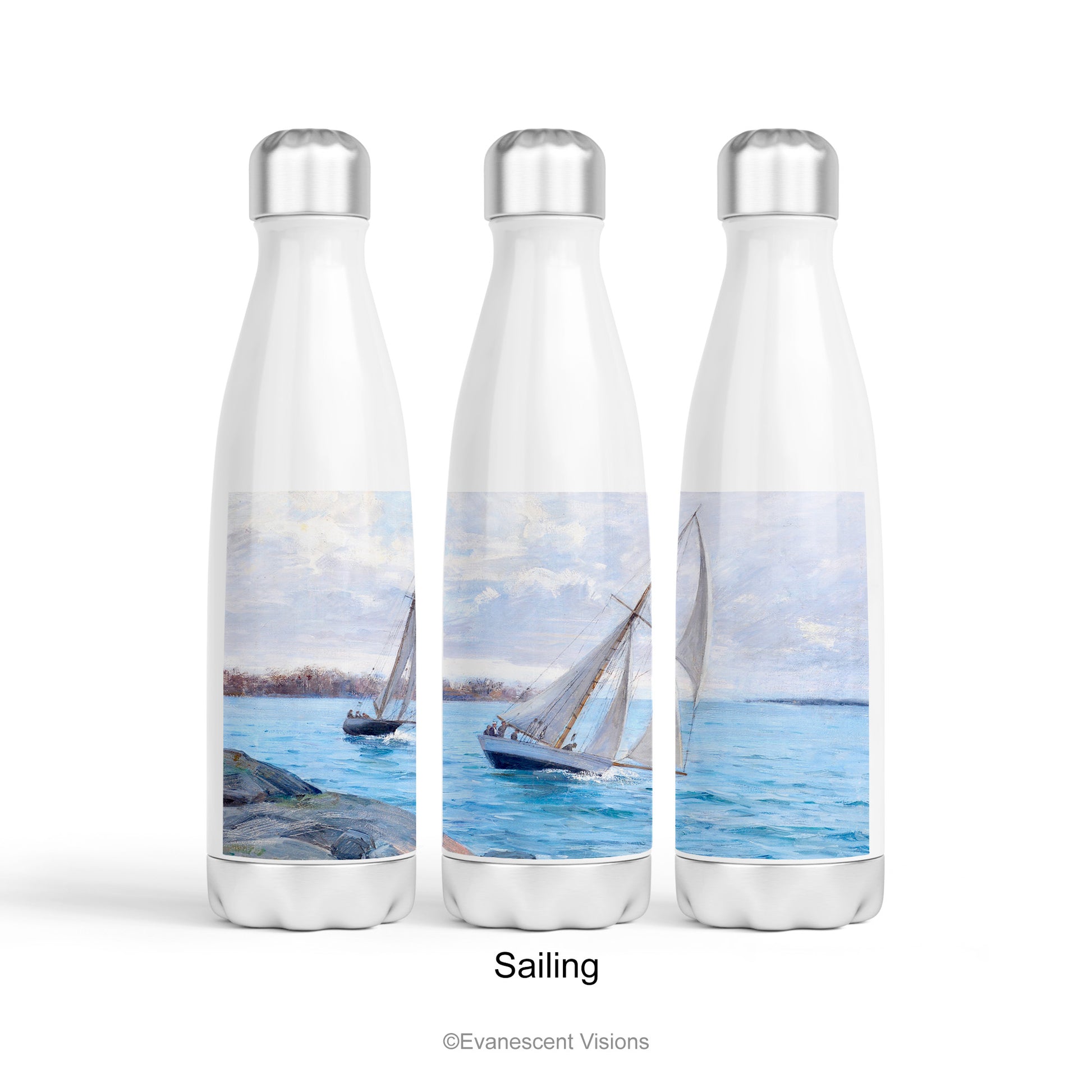 The 'Sailing' design shown across three stainless steel bottles