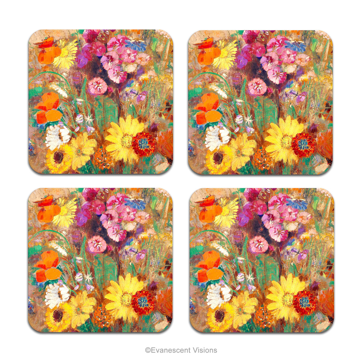 Colourful Wildflowers Floral Coasters, with painting Grand Bouquet de fleurs de champs'&nbsp;by Odilon Redon, shown on a white background. 