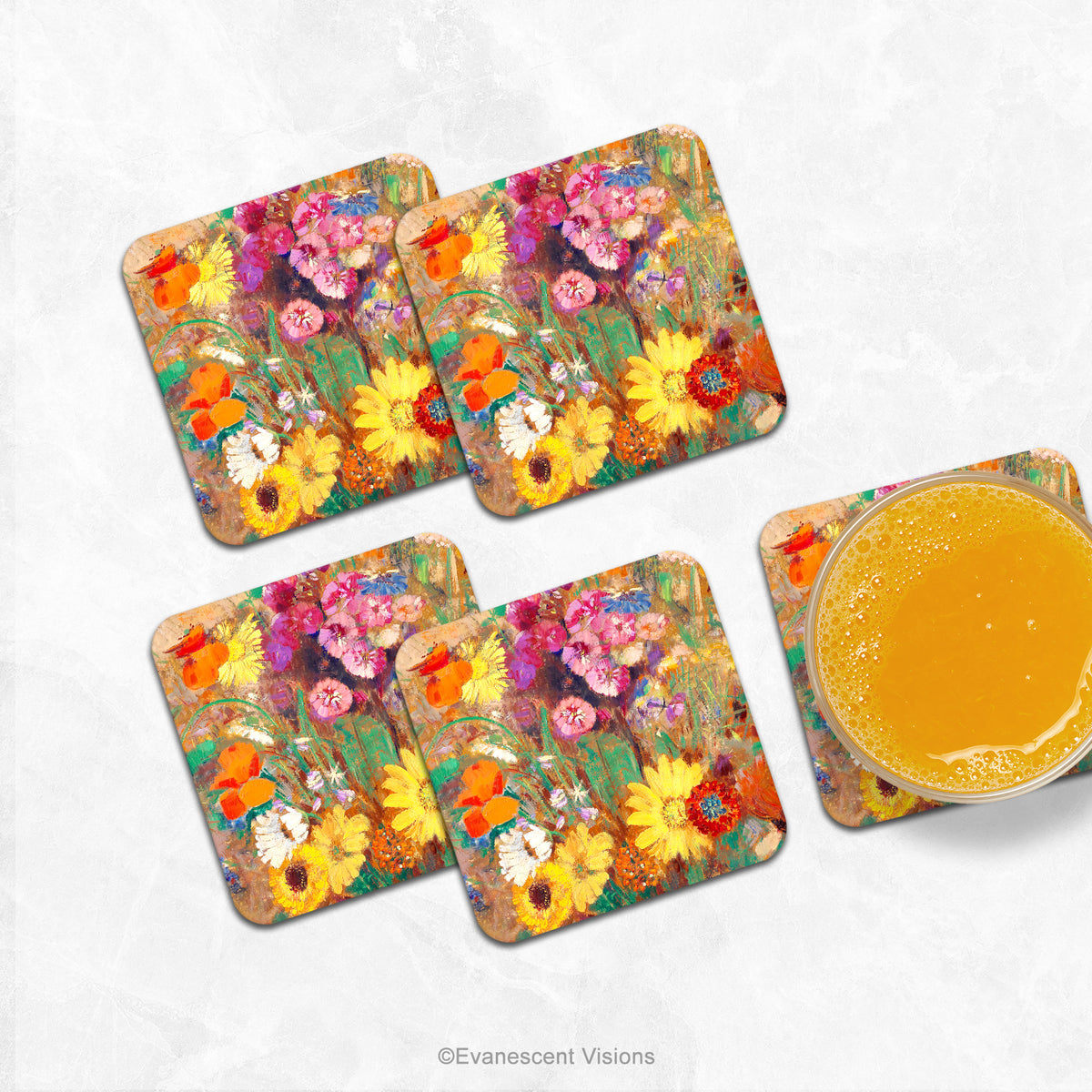 Colourful Wildflowers Floral Coasters, with painting Grand Bouquet de fleurs de champs'&nbsp;by Odilon Redon, shown on a white background shown on a marble counter with a glass of orange juice