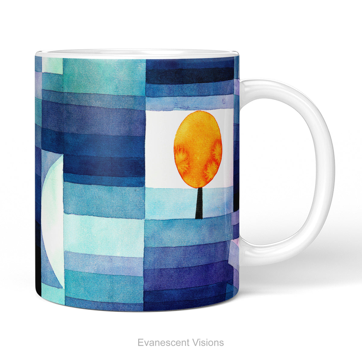 A ceramic mug featuring featuring a watercolor-style abstract landscape print called 'Harbinger of Autumn' by Paul Klee, shown a white background.