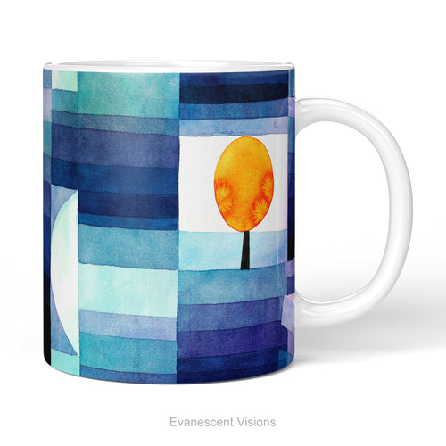A ceramic mug featuring featuring a watercolor-style abstract landscape print called 'Harbinger of Autumn' by Paul Klee, shown a white background.