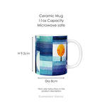 A ceramic mug featuring a watercolor-style abstract landscape print called 'Harbinger of Autumn' by Paul Klee, shown with mug dimensions