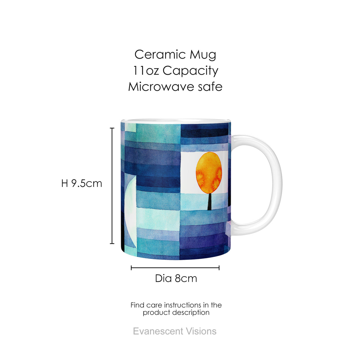 A ceramic mug featuring a watercolor-style abstract landscape print called 'Harbinger of Autumn' by Paul Klee, shown with mug dimensions