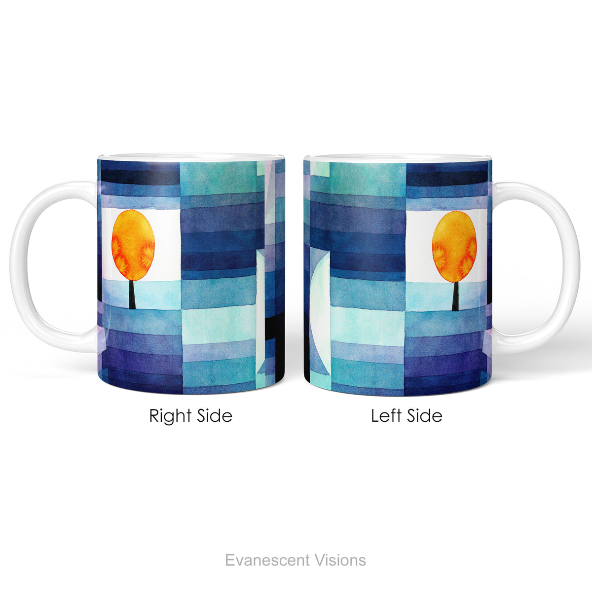 Left and right side views of a ceramic mug featuring a watercolor-style abstract landscape print called 'Harbinger of Autumn' by Paul Klee