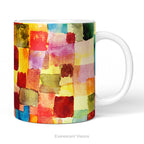 Ceramic mug featuring abstract watercolor design titled 'Untitled' by artist Paul Klee.
