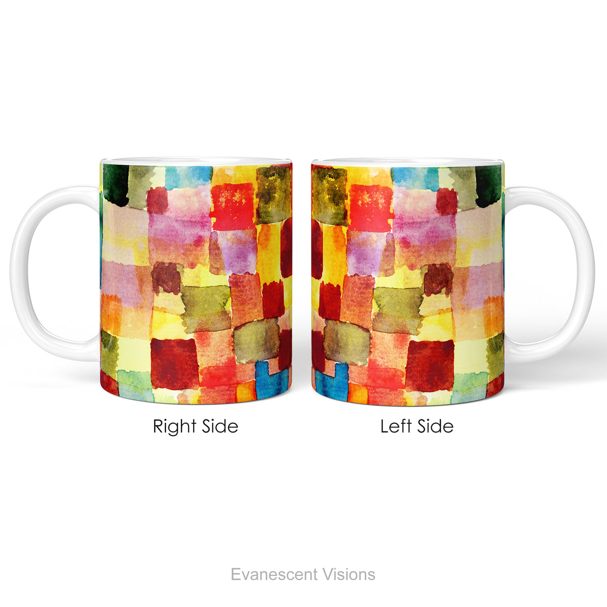 Left and right side views of a ceramic mug featuring abstract watercolor design titled 'Untitled' by artist Paul Klee