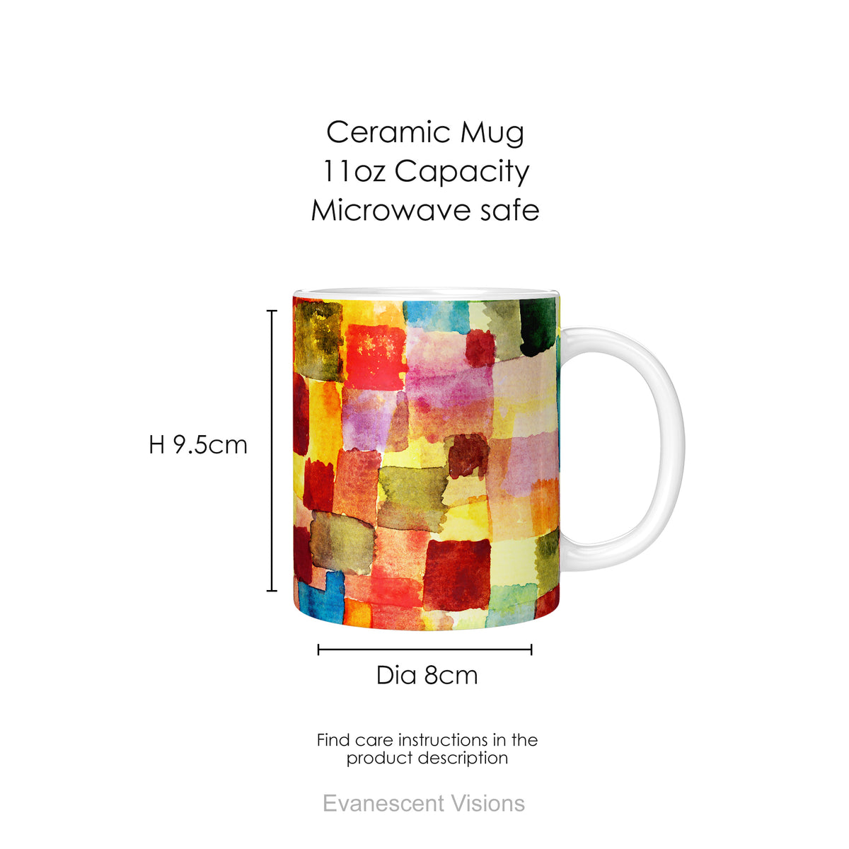 Ceramic mug featuring abstract watercolor design titled 'Untitled' by artist Paul Klee, with mug dimensions.