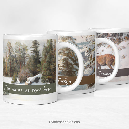 Personalised ceramic mugs with snowy winter landscapes scenes