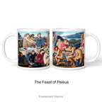 Left and right side views of A white ceramic coffee mug featuring a detailed print of the classical painting 'The Feast of Peleus' byy Edward Burne Jones. 