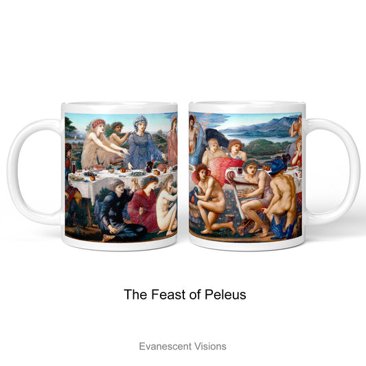 Left and right side views of A white ceramic coffee mug featuring a detailed print of the classical painting 'The Feast of Peleus' byy Edward Burne Jones. 