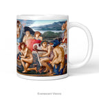 A white ceramic coffee mug featuring a detailed print of the classical painting 'The Feast of Peleus' byy Edward Burne Jones. 