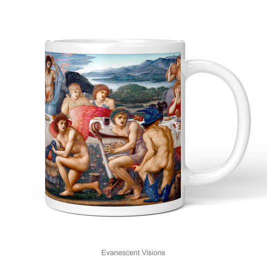 A white ceramic coffee mug featuring a detailed print of the classical painting 'The Feast of Peleus' byy Edward Burne Jones. 