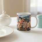 A white ceramic coffee mug  featuring a detailed print of the classical painting 'The Feast of Peleus' byy Edward Burne Jones.  styled on a white table next to a white plate, a white teacup, and a mint green shaker.