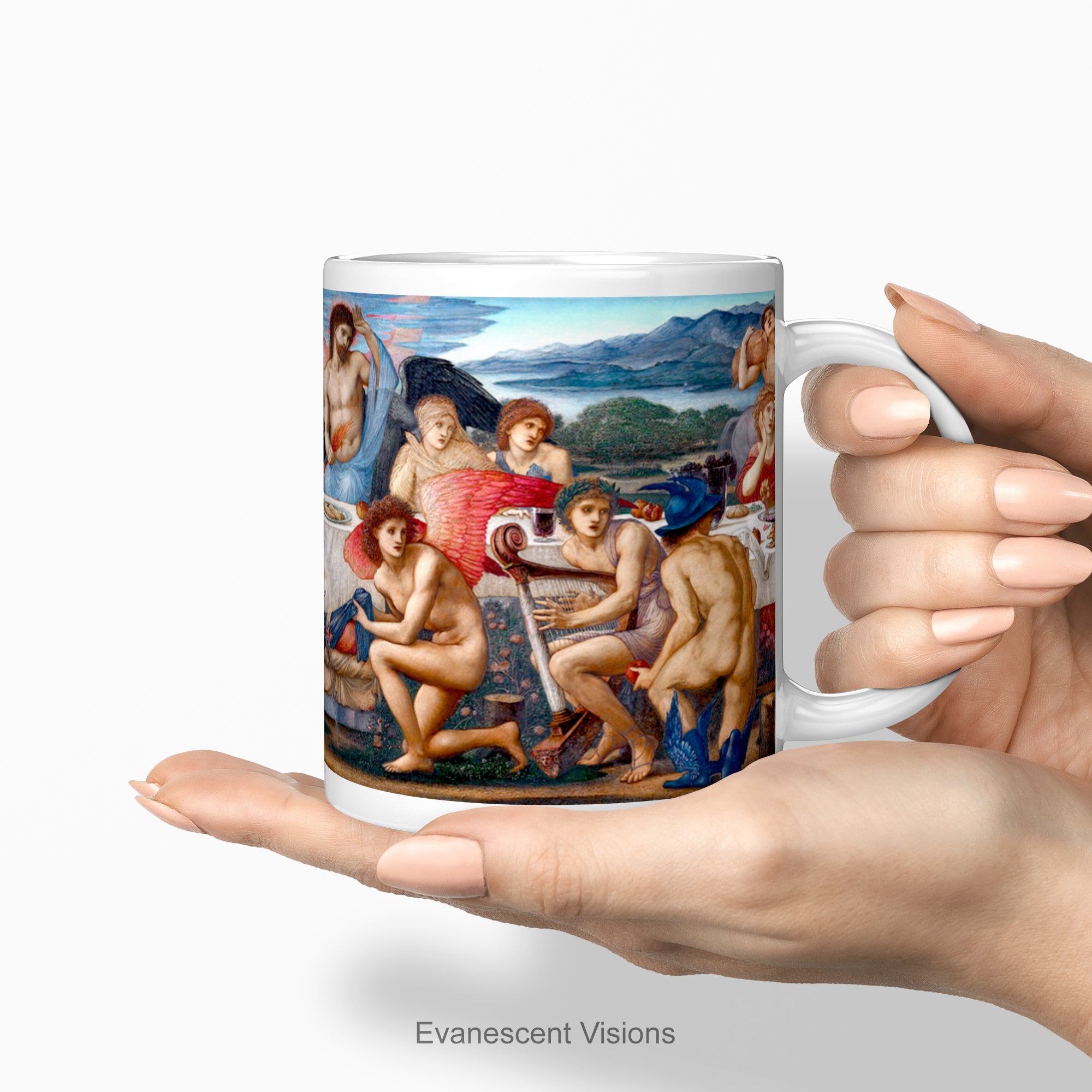 A hand holding awhite ceramic coffee mug featuring a detailed print of the classical painting 'The Feast of Peleus' byy Edward Burne Jones. 