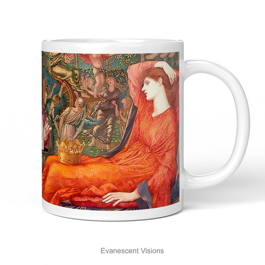 A white ceramic mug featuring a detailed classical painting print oLaus Veneris by Edward Burne Jones