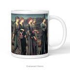 A white ceramic mug featuring a print of Burne-Jones painting 'Psyche's Wedding, shown on a white background.  