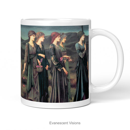 A white ceramic mug featuring a print of Burne-Jones painting 'Psyche's Wedding, shown on a white background.  