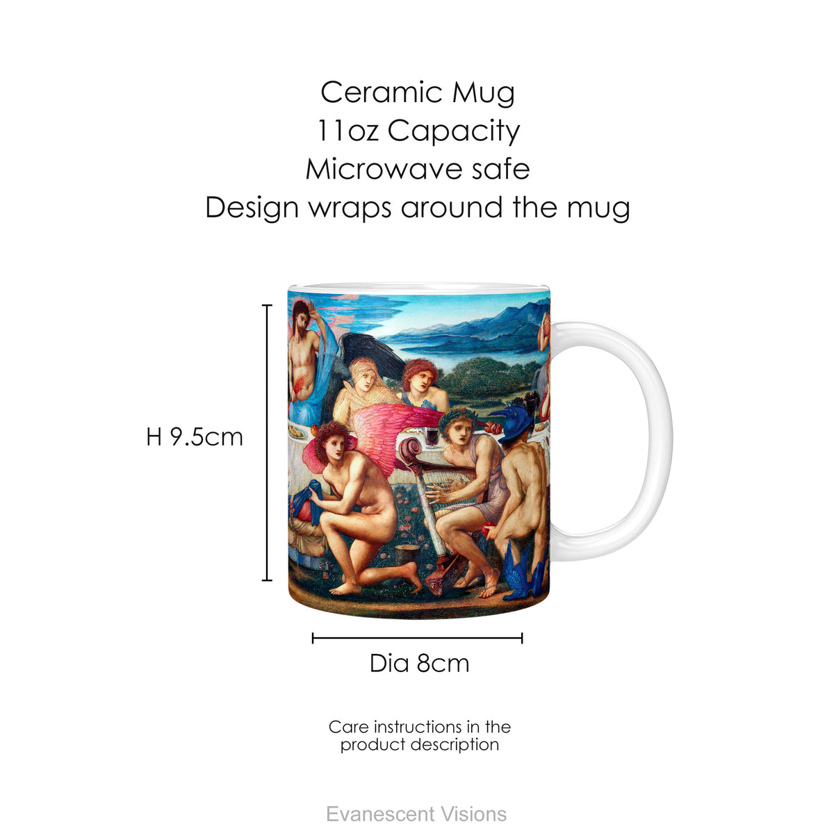 A white ceramic mug with print of classical painting 'The Feast of Peleus' byy Edward Burne Jones.,  shown with mug dimensions.